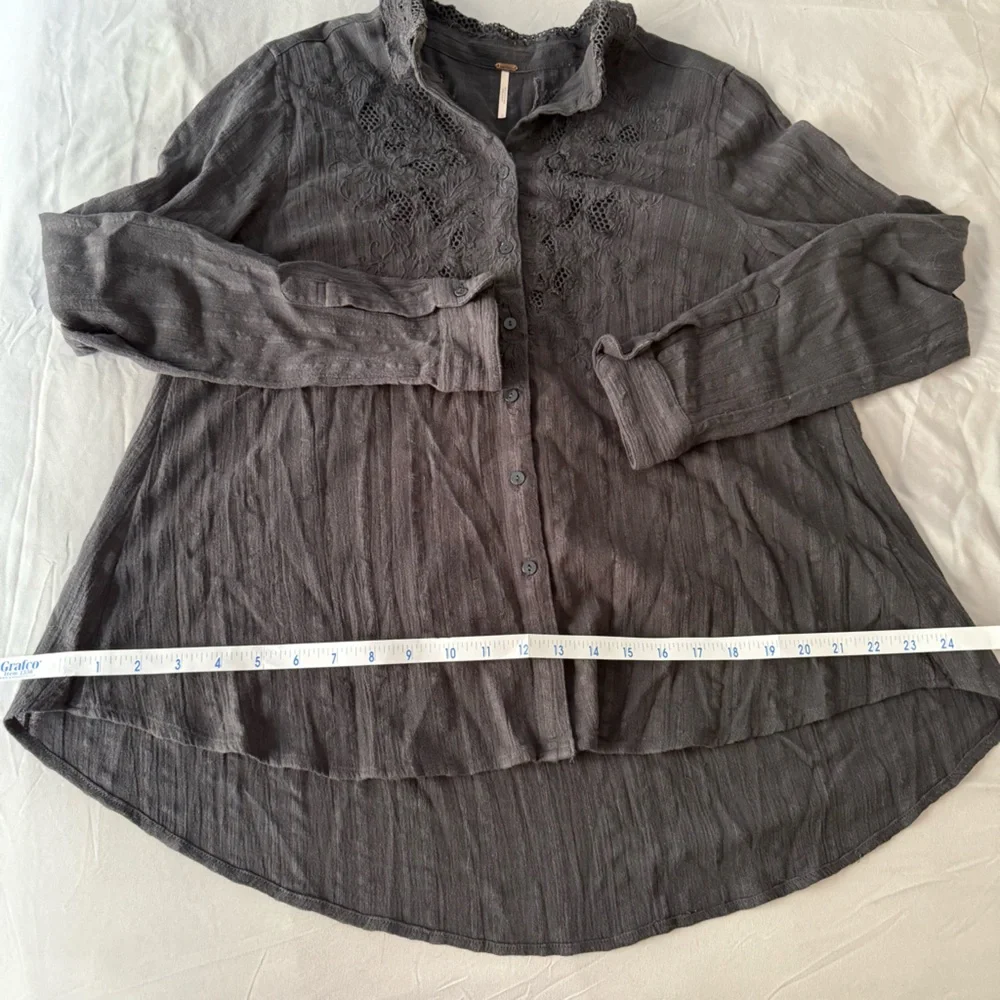 Free People Carter Dobby Dark Gray Embroidered Button Down Shirt, Medium